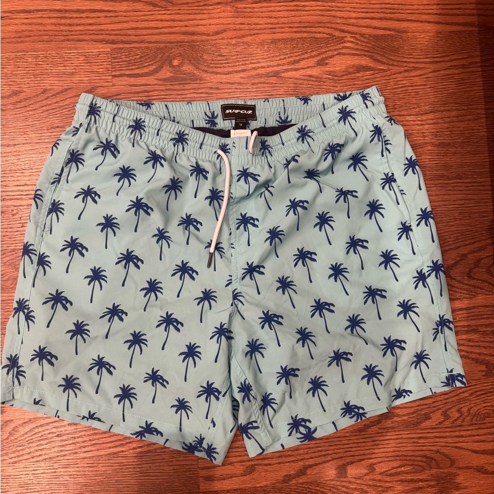 Blue Palm Tree Pattern Swim Trunks